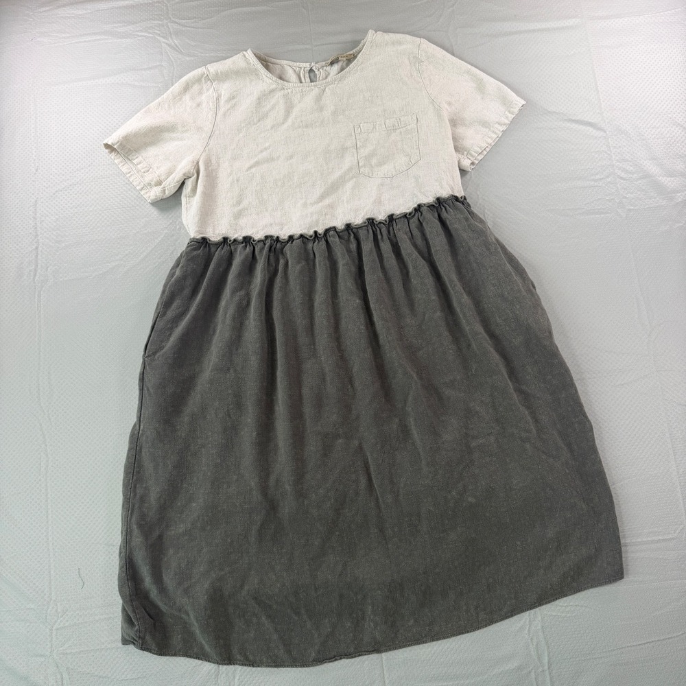 Polagram Linen Blend Babydoll Dress Women L Cream Charcoal Cottagecore
